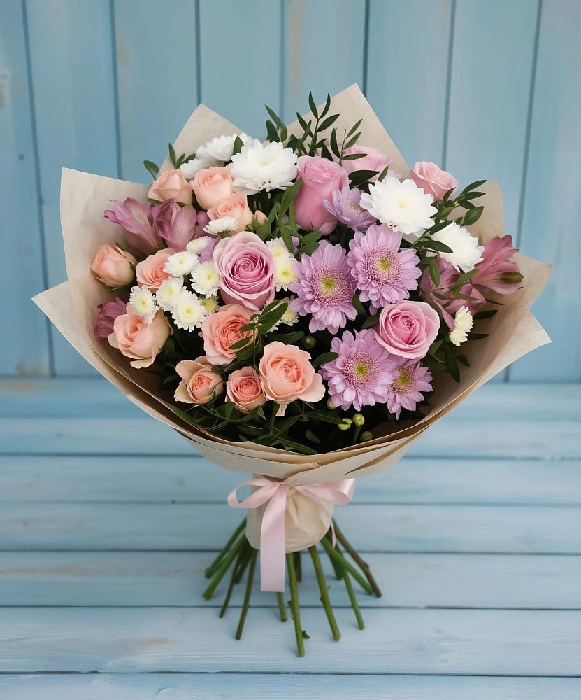 Букет цветов из: Хризантемы, Розы и Альстромерии в Пелым