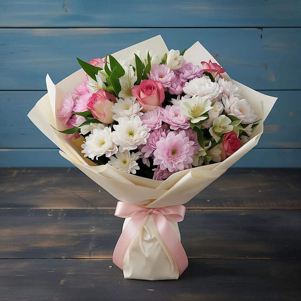 Букет цветов из: Хризантемы, Альстромерии и Розы в Пелым